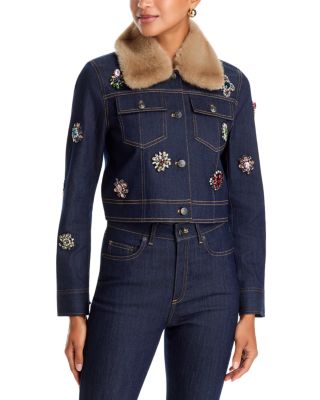 Lexie Baroque Patches Faux Fur Collar Denim Jacket