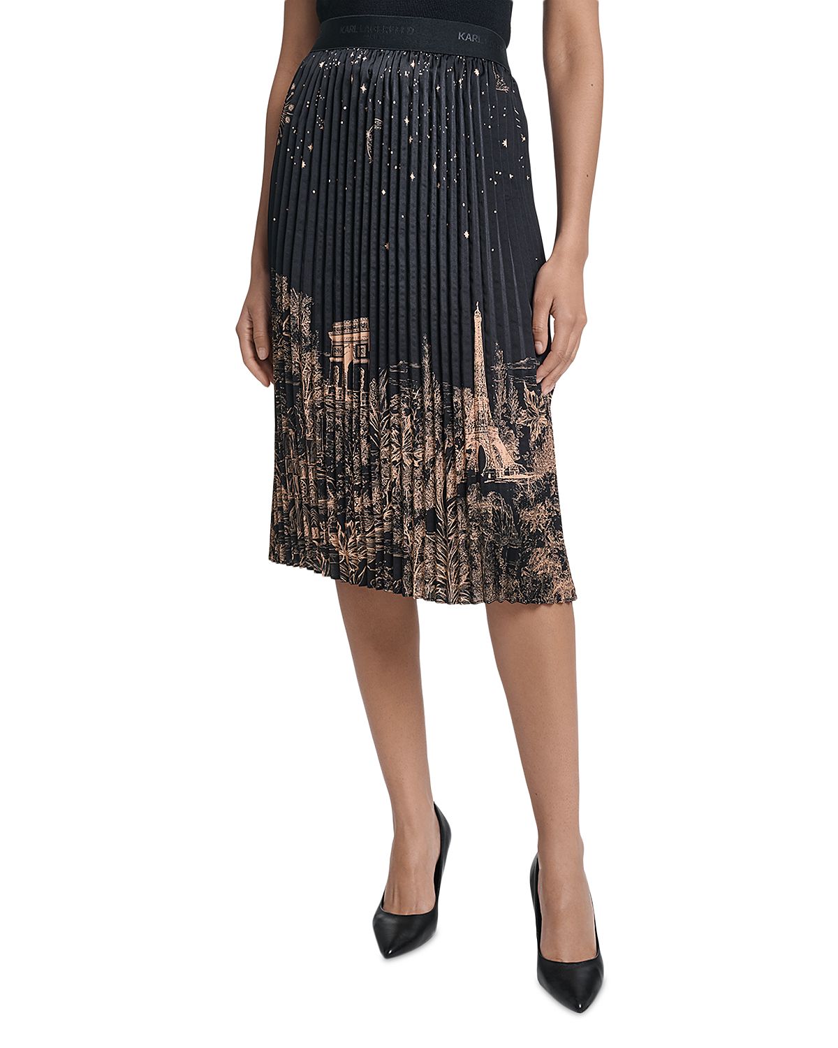 Karl Lagerfeld Paris Pleated Placed Print Midi Skirt