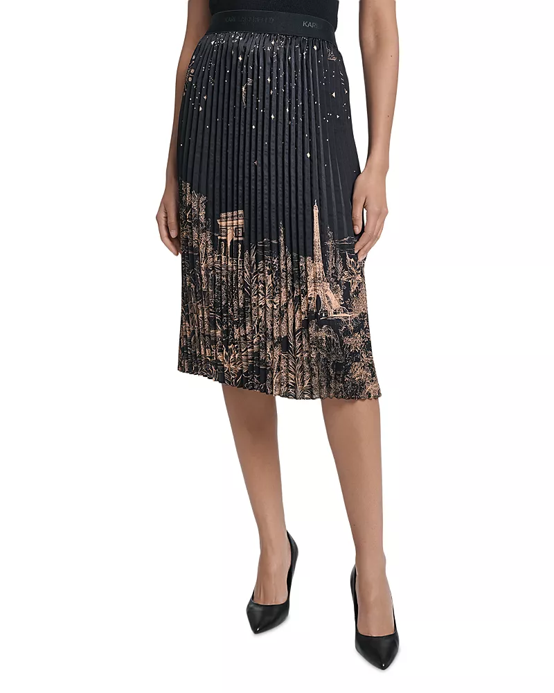 Karl Lagerfeld Paris Pleated Placed Print Midi Skirt