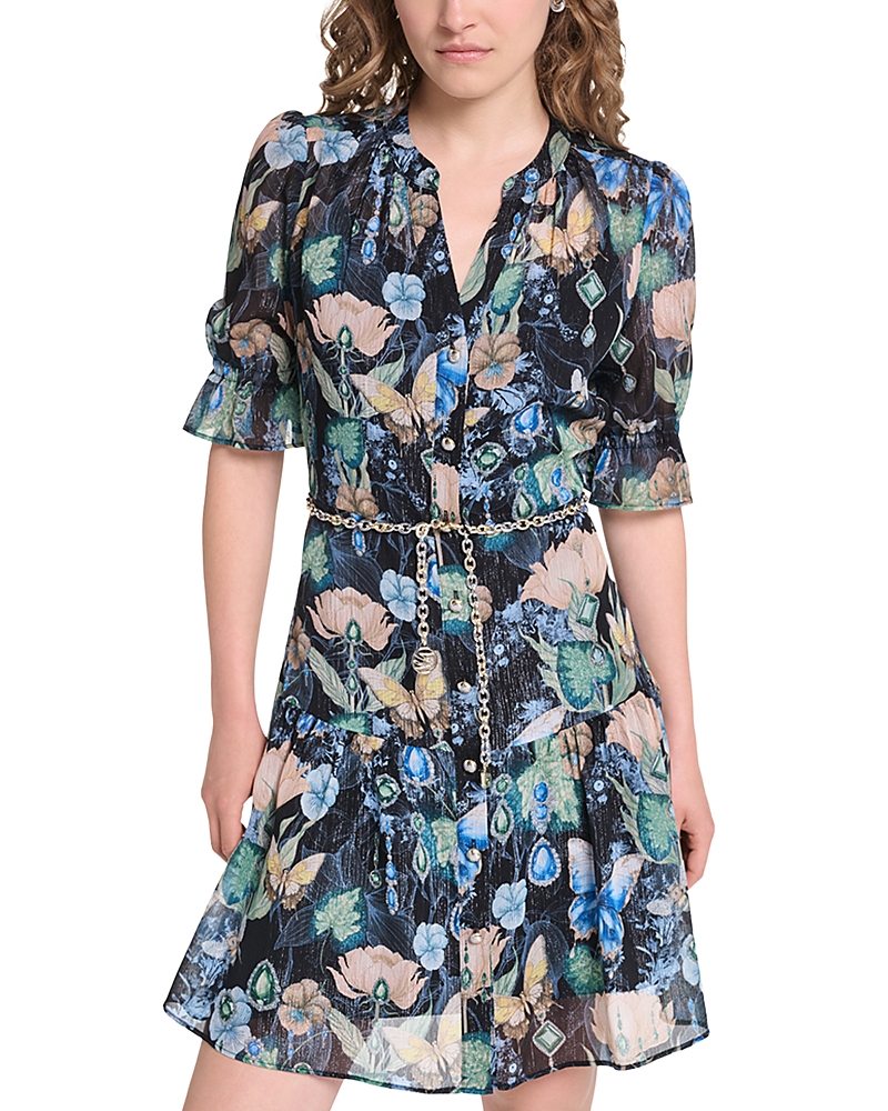 Karl Lagerfeld Paris Metallic Crinkle Button Down Dress