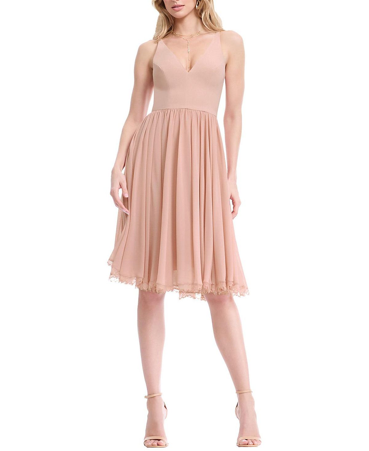 Dress the Population Alicia V-Neck Lace Trim Midi Dress