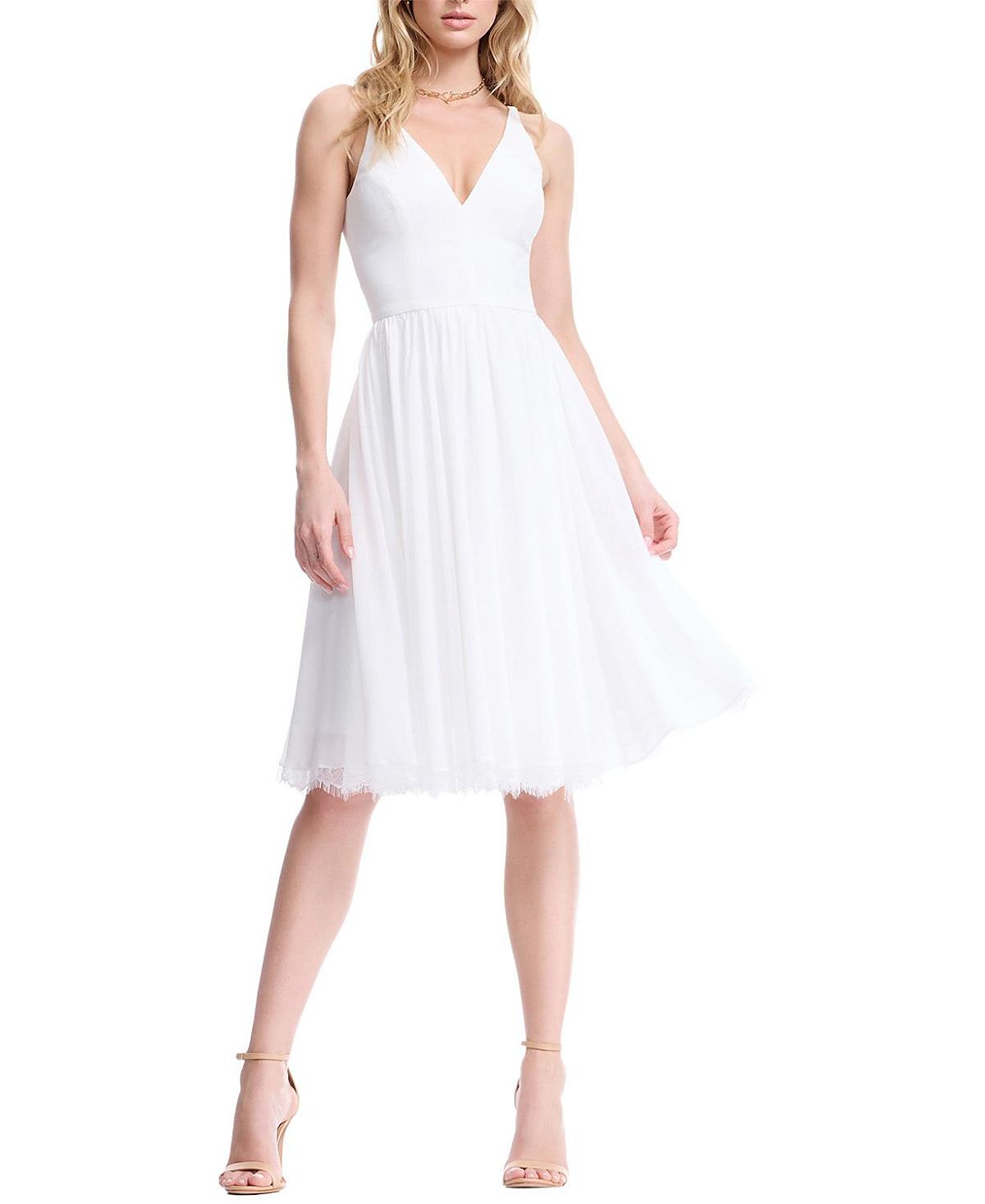 Dress the Population Alicia V-Neck Lace Trim Midi Dress