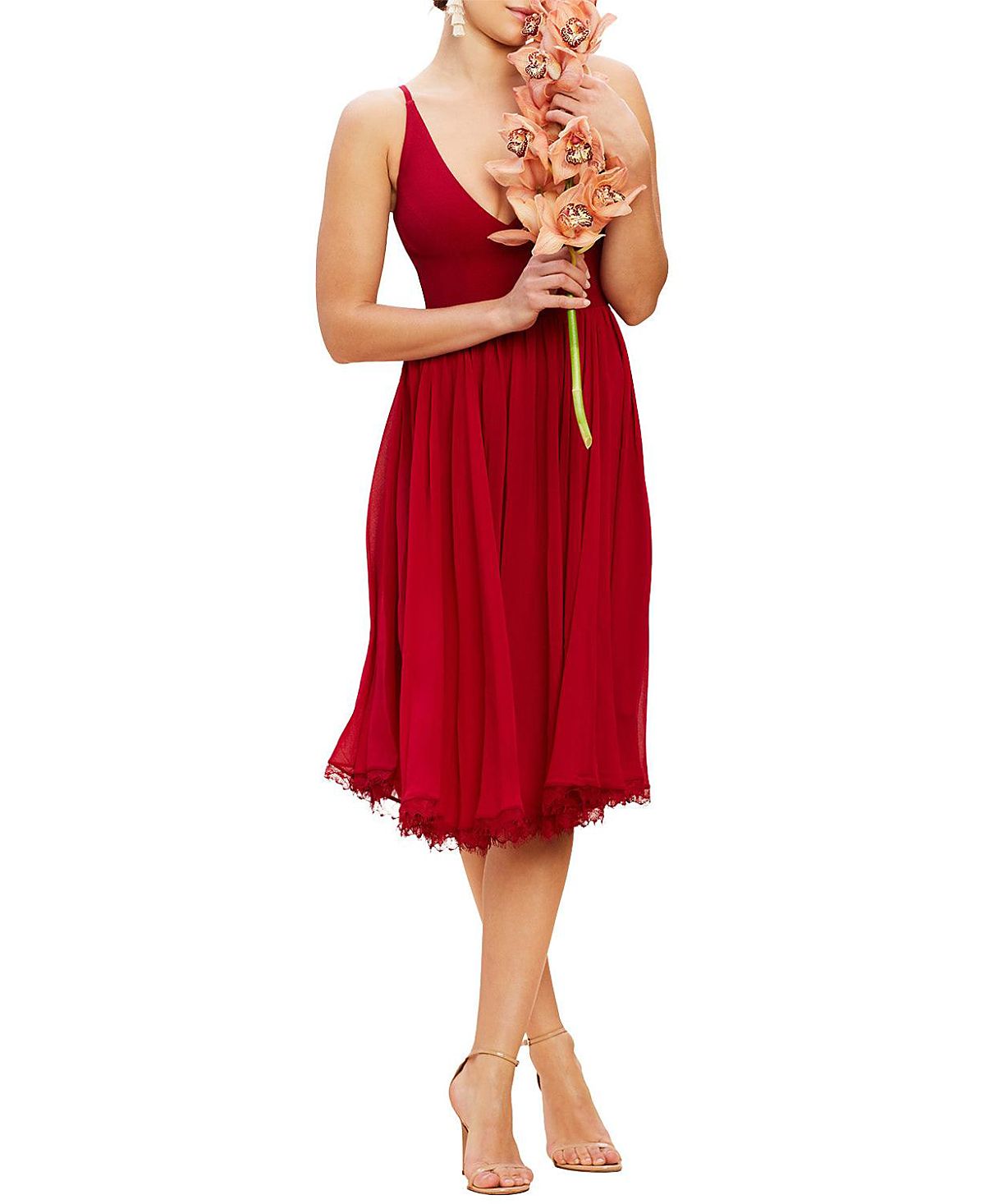 Dress the Population Alicia V-Neck Lace Trim Midi Dress