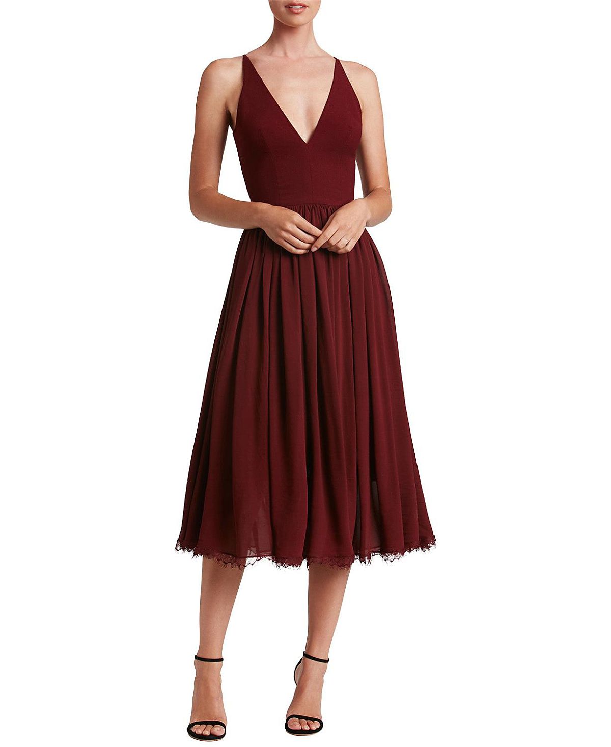Dress the Population Alicia V-Neck Lace Trim Midi Dress