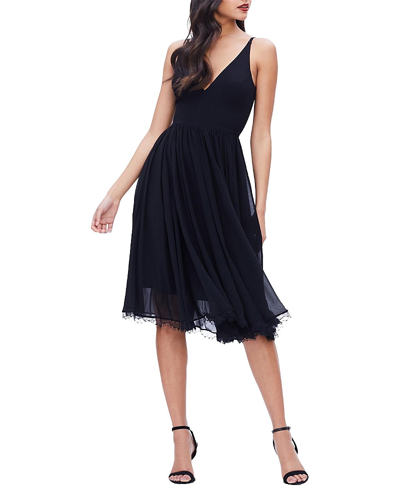 Dress the Population Alicia V-Neck Lace Trim Midi Dress