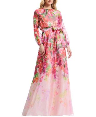  Rainey Long Sleeve Jewel Neck Floral Print Belted Gown