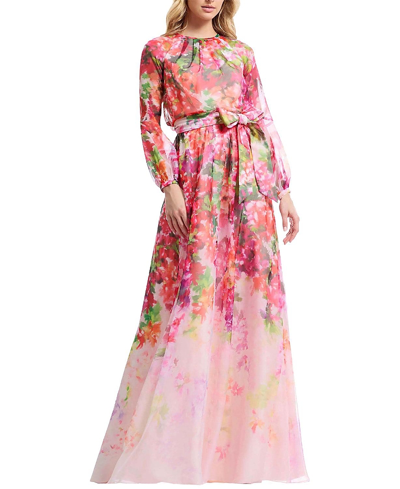Dress the Population Rainey Long Sleeve Jewel Neck Floral Print Belted Gown
