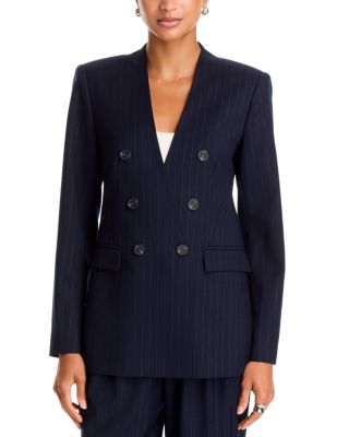 Pinstripe V Neck Collarless Blazer - Exclusive