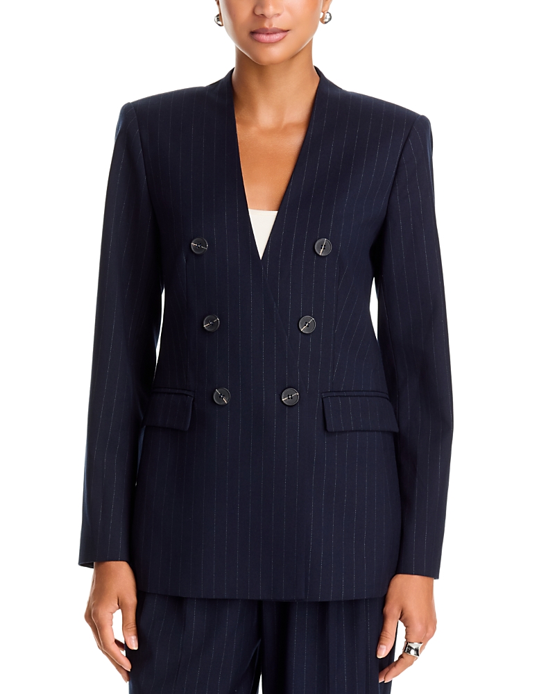 Aqua Pinstripe V Neck Collarless Blazer - Exclusive