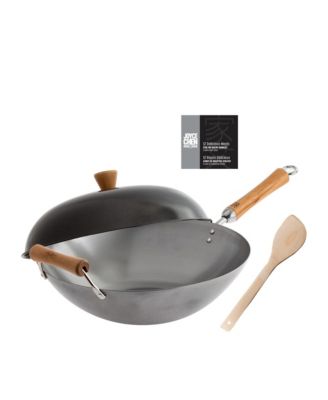  Uncoated Carbon Steel Flat Bottom Wok Set with Lid and Birch Handles, 4 Pieces, 23.5" L x 14" W x 5.5" H
