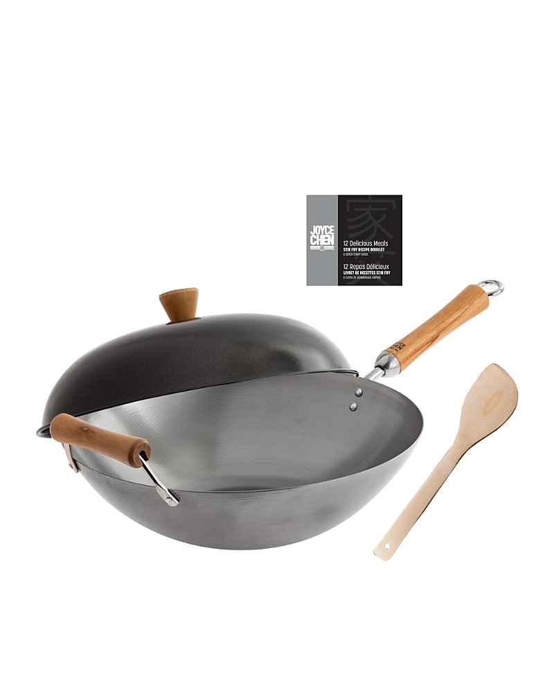 Joyce Chen Uncoated Carbon Steel Flat Bottom Wok Set with Lid and Birch Handles, 4 Pieces, 23.5 L x 14 W x 5.5 H