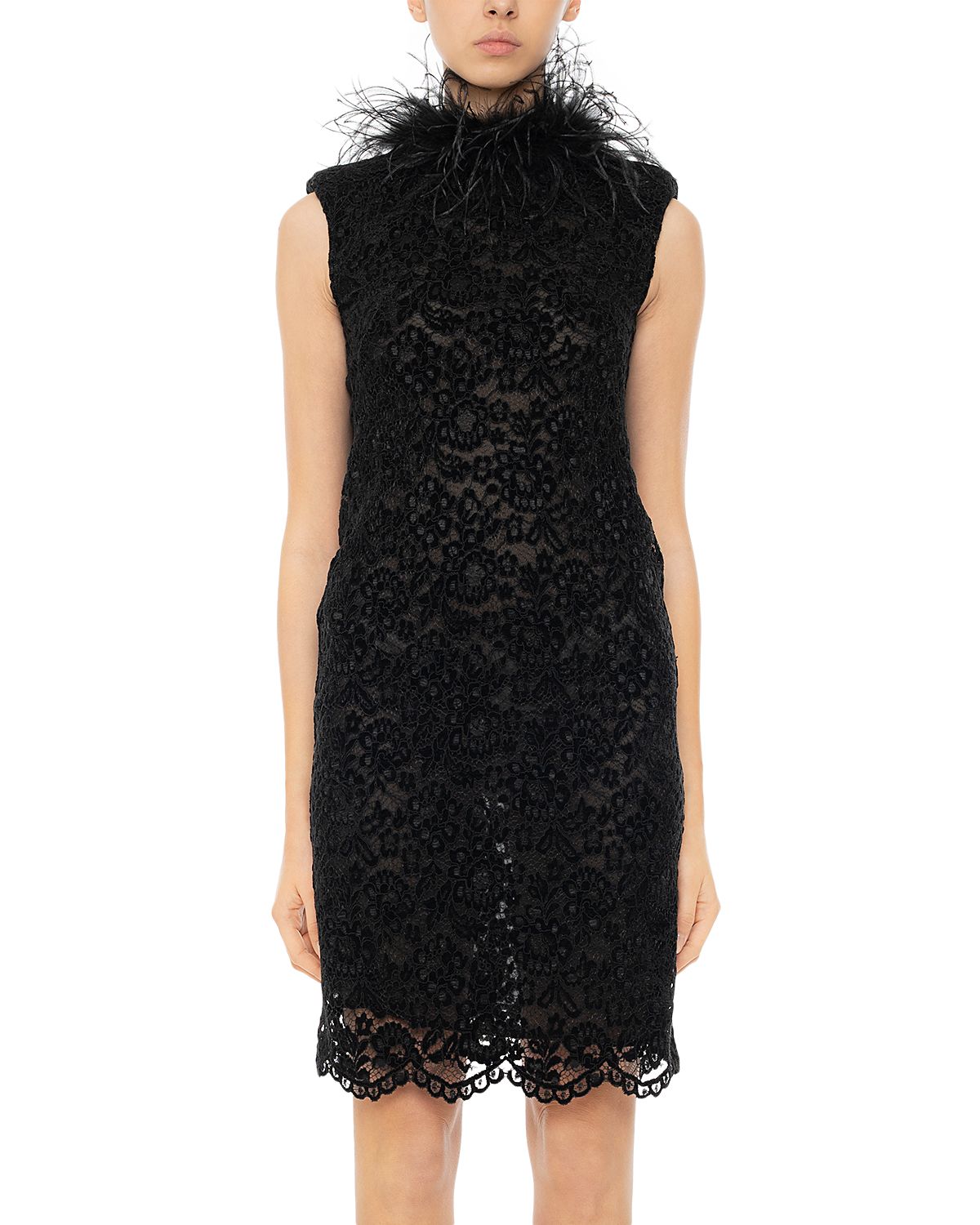 DES_PHEMMES Feather Trim Lace Cocktail Dress
