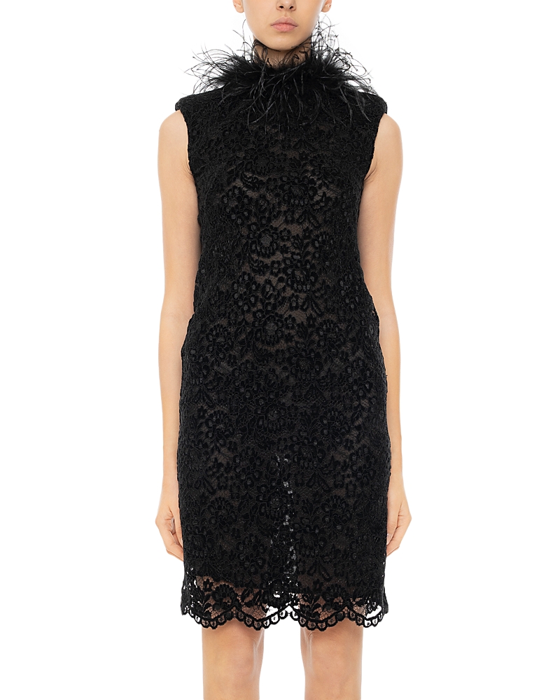 DES_PHEMMES Feather Trim Lace Cocktail Dress