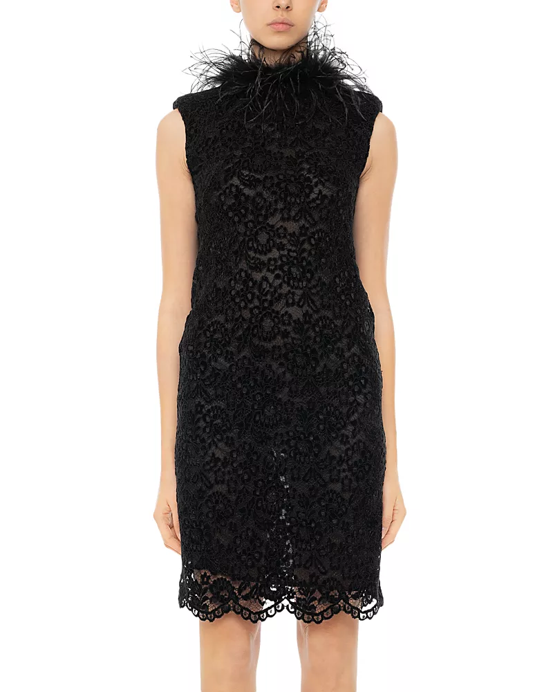DES_PHEMMES Feather Trim Lace Cocktail Dress