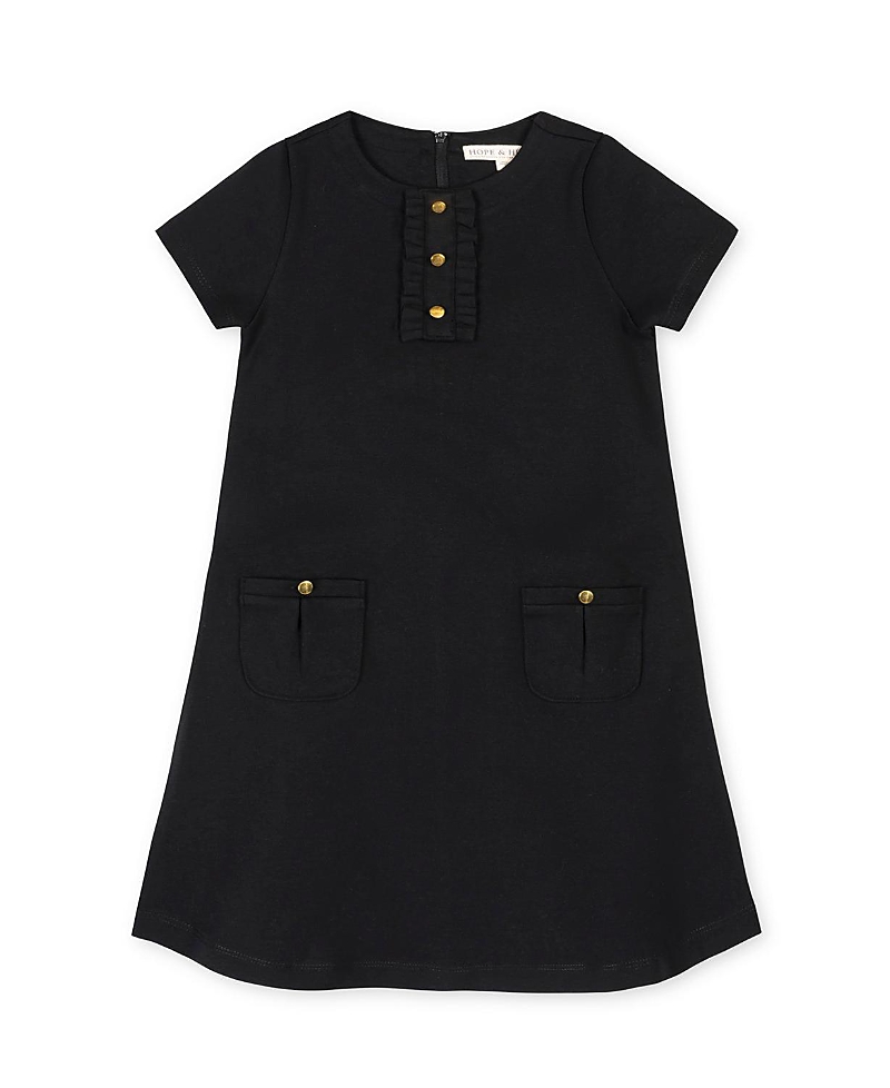 Hope & Henry Girls' Ponte A-Line Ruffle Placket Dress - Little Kid, Big Kid