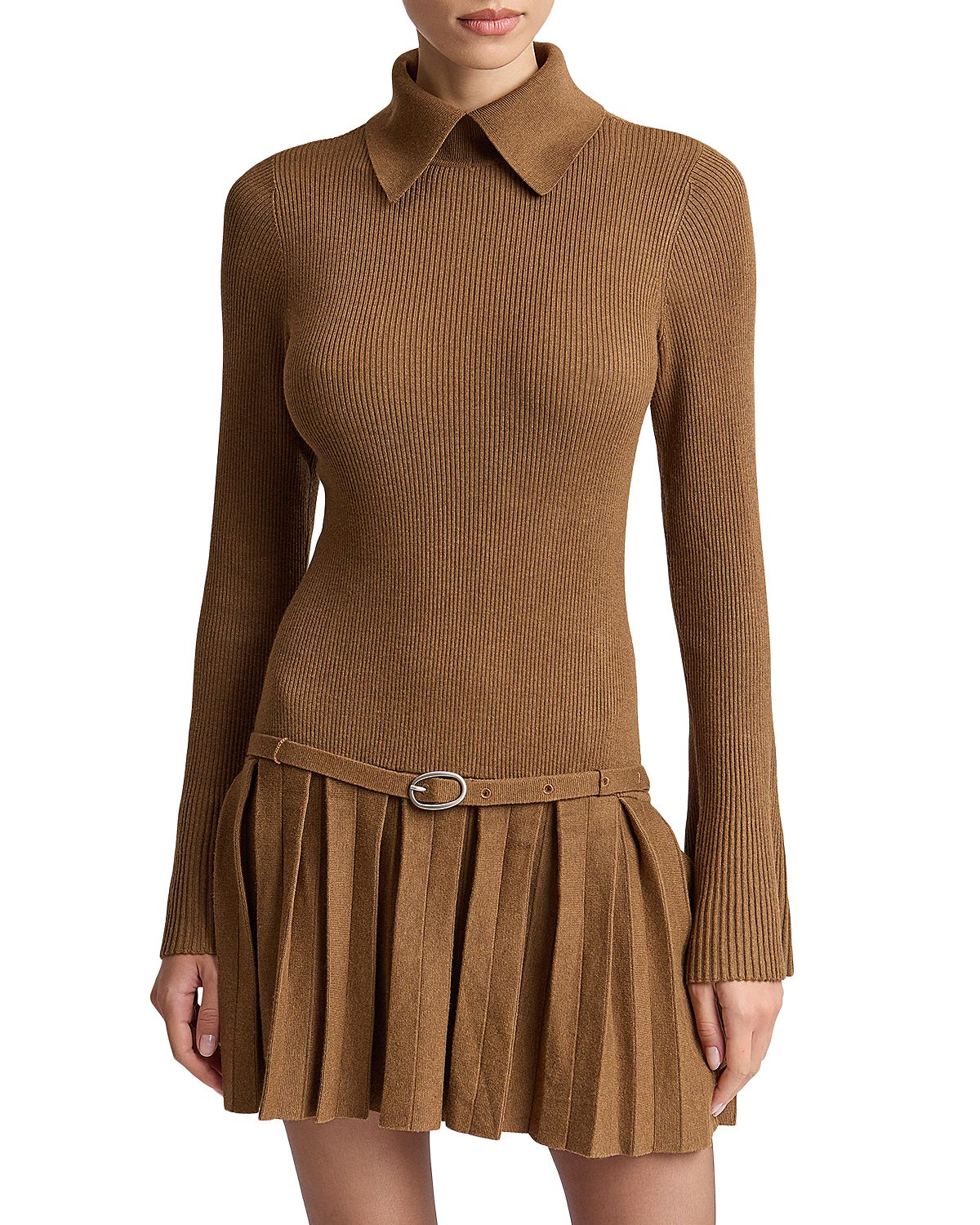 Avec Les Filles Belted Drop Waist Pleated Sweater Dress