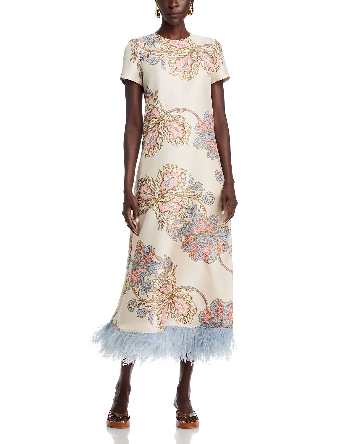 La DoubleJ Silk Feather Trim Midi Dress
