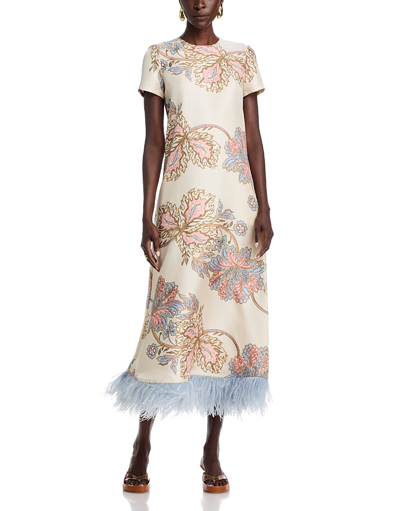 La DoubleJ Silk Feather Trim Midi Dress