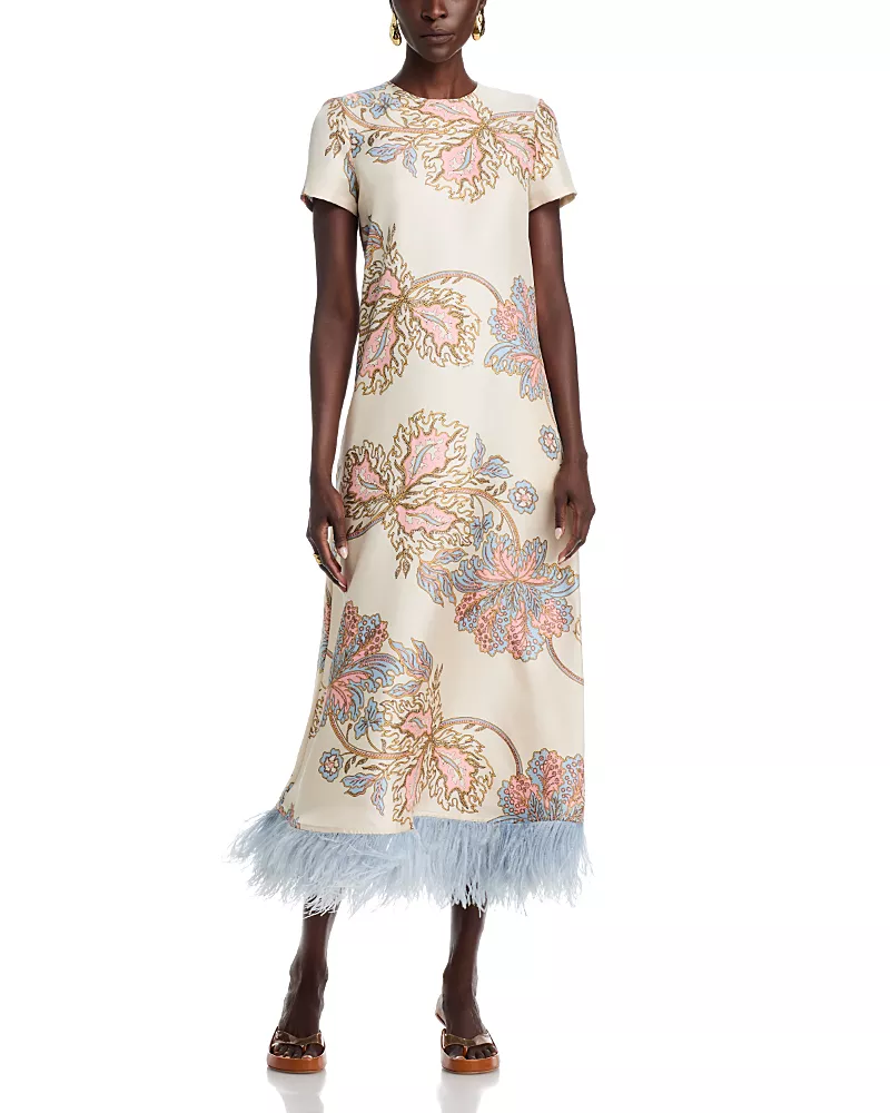 La DoubleJ Silk Feather Trim Midi Dress