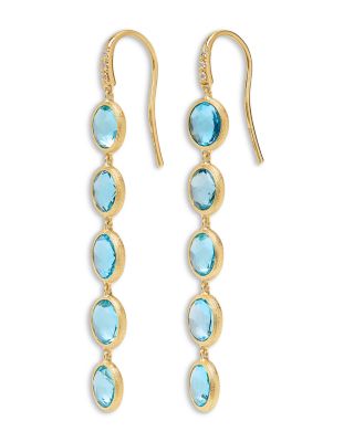 18K Yellow Gold Jaipur Color Blue Topaz Diamond Dangle Drop Earrings