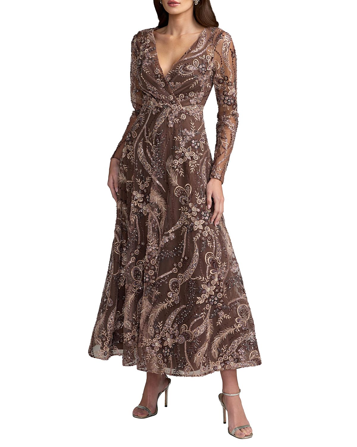 Mac Duggal Floral Embroidered 3/4 Sleeve V Neck Midi Dress