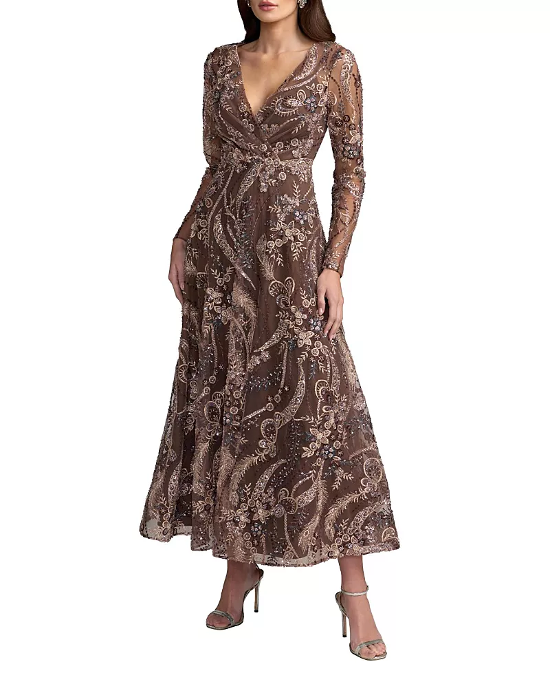 Mac Duggal Floral Embroidered 3/4 Sleeve V Neck Midi Dress