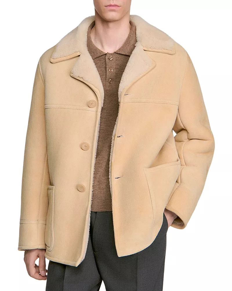 Sandro Notch Lapel Shearling Jacket
