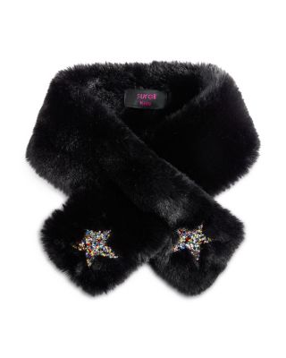 Surell Girls' Rex Faux Fur Pull Through Scarf With Star Appliques - Big Kid In Black
