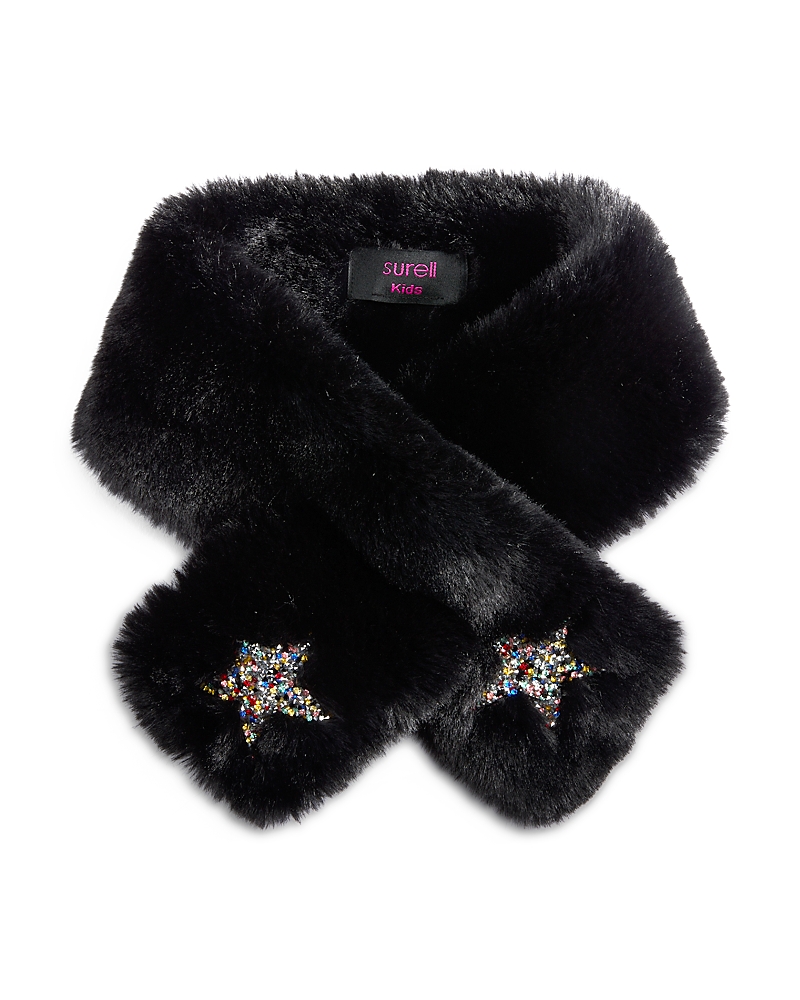 Surell Girls' Rex Faux Fur Pull Through Scarf With Star Appliques - Big Kid In Black