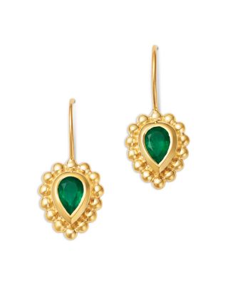 14K Yellow Gold Emerald Bezel Beaded Drop Earrings
