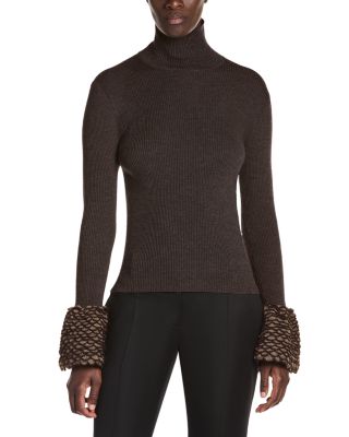 Wool Feathered Cuff Turtleneck Sweater