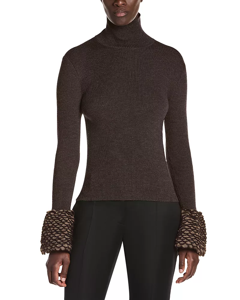 McQueen Wool Feathered Cuff Turtleneck Sweater
