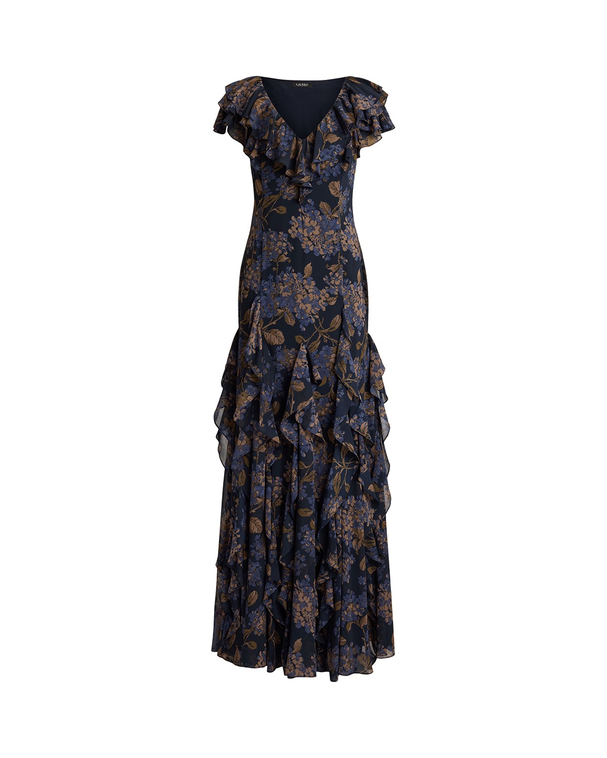Floral Ruffle-Trim Georgette Gown