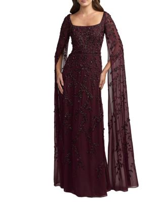 Beaded Georgette Square Neck Cape Sleeve Gown