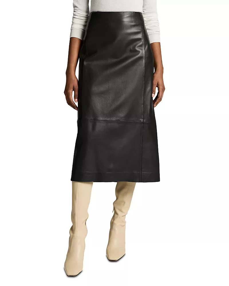 Vince Mid Rise Leather Midi Skirt