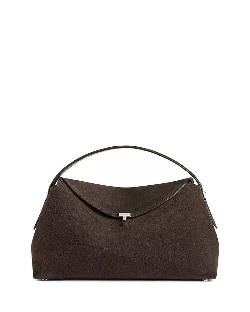 Toteme T-Lock Grained Leather Convertible Top Handle Bag in Brown Suede