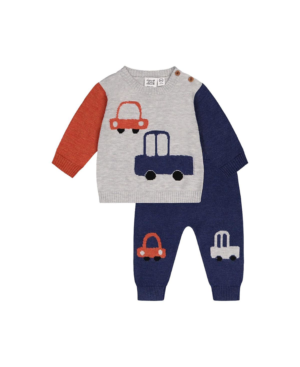 Deux par Deux Boys' Knitted Car Intarsia Top and Elastic Waist Pants Set - Baby
