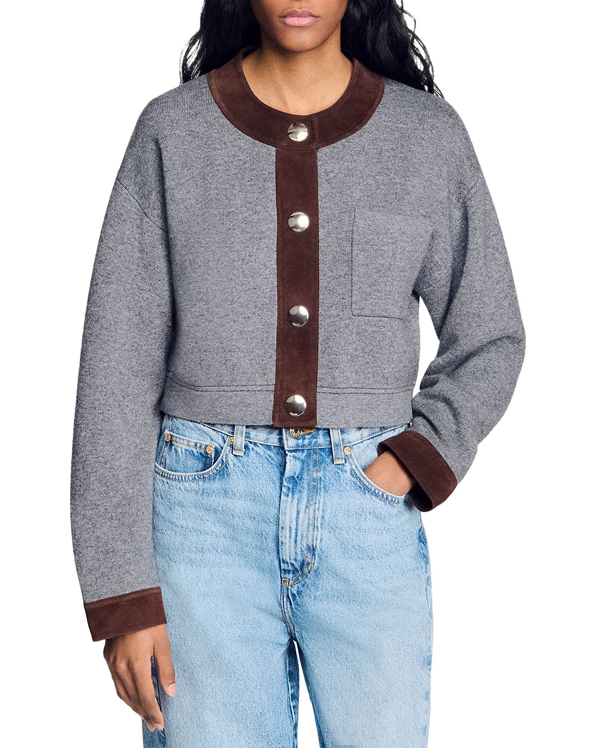 Sandro Parker Suede Trim Cardigan Sweater