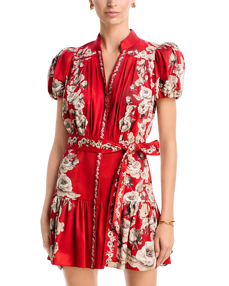 Alice And Olivia Cora Cotton Stretch Short Sleeve Tiered Mini Dress In Rose Garden Lg Hibiscus