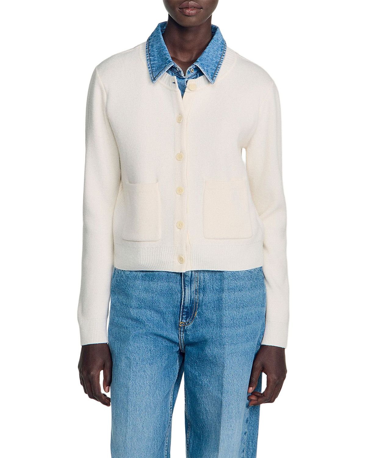 Sandro Miky Layered Look Denim Collar Cardigan
