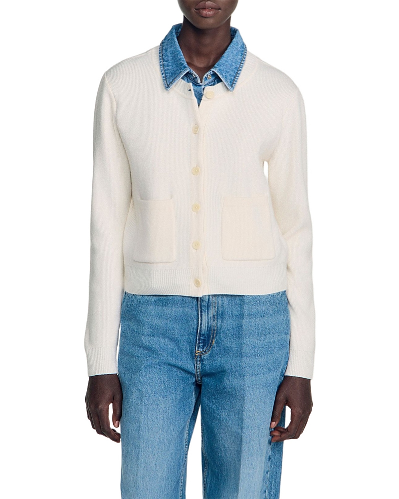 Sandro Miky Layered Look Denim Collar Cardigan