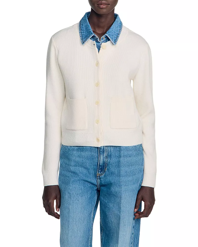 Sandro Miky Layered Look Denim Collar Cardigan