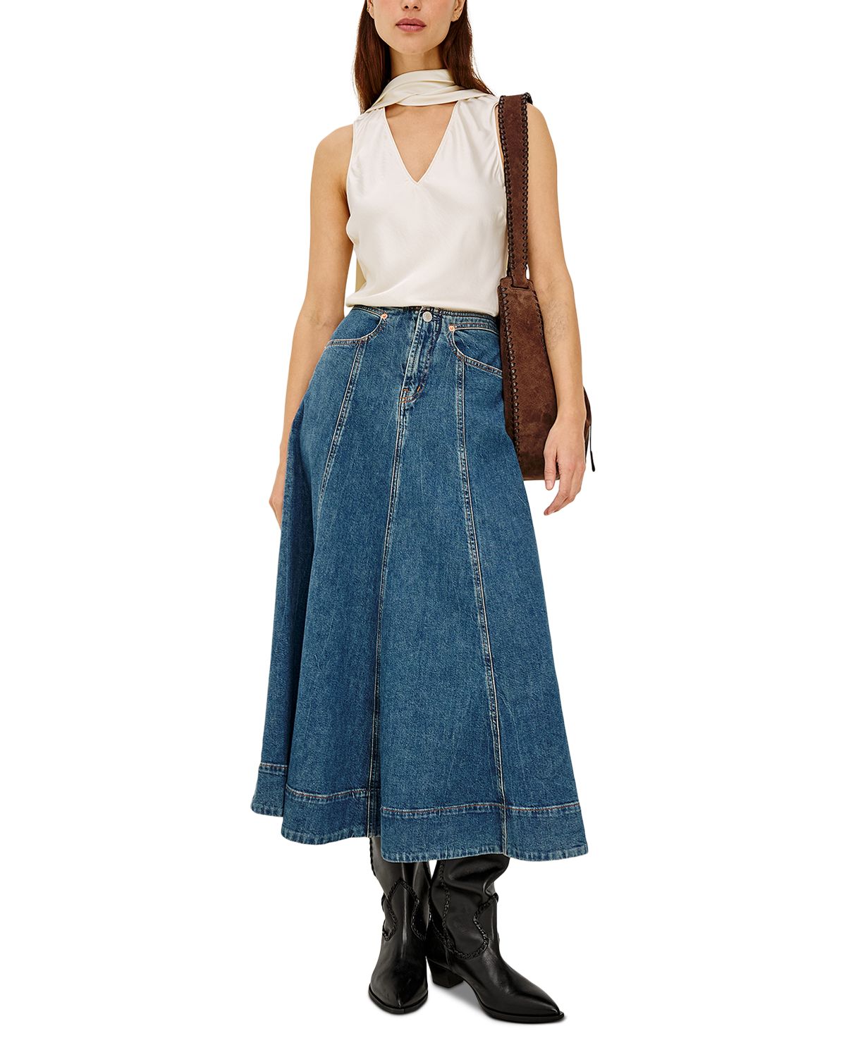 Vicente Cotton Stretch A Line Midi Jean Skirt in Meadowbrook thumbnail 3