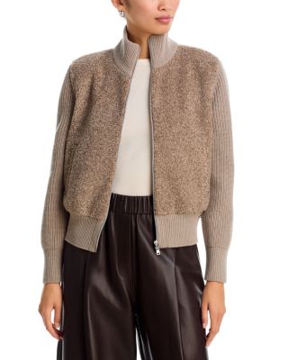 Braided Wool & Curly Melang&eacute; Zip Bomber Jacket