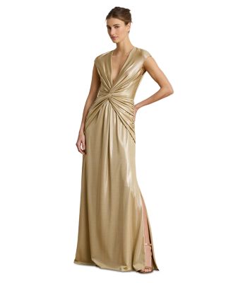 Twist Front Metallic Cap Sleeve Gown