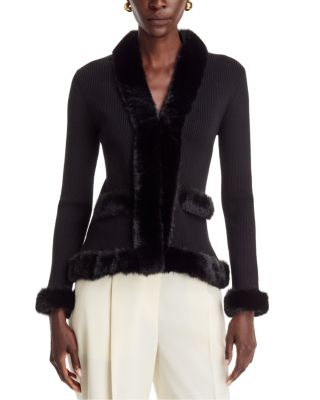 Faux Fur Trim V Neck Cardigan