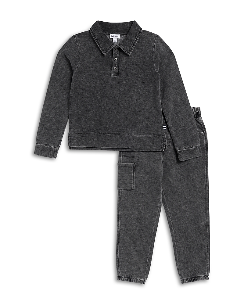 Splendid Boys' Overdye Long Sleeved Polo Shirt & Pants Set - Little Kid In Washed Black