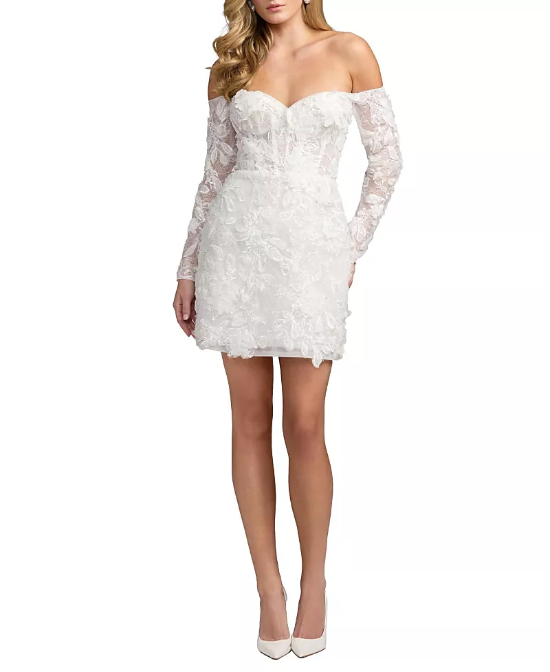 Mac Duggal Lace Off The Shoulder Long Sleeve Mini Dress