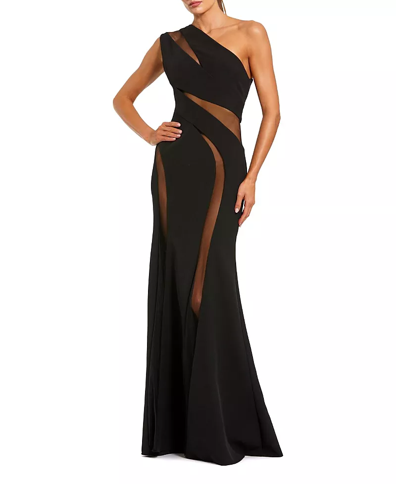 Mac Duggal One Shoulder Crepe Illusion Cutout Gown