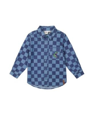 Boys' Checkered Dino Embroidered Chest Pocket Chambray Shirt - Little Kid, Big Kid